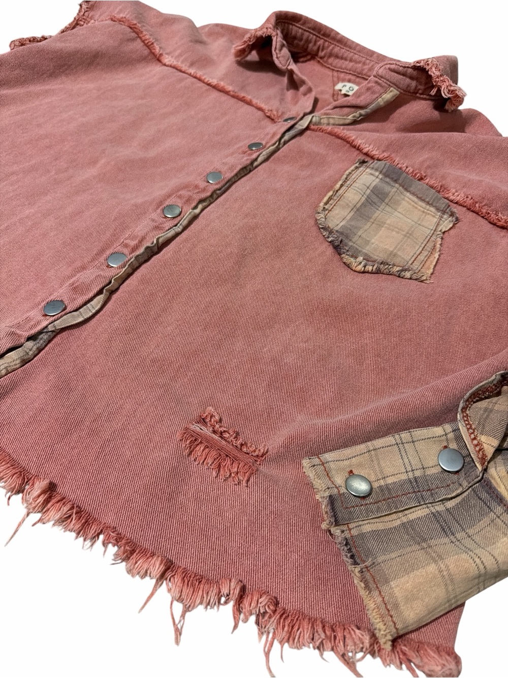 POL MineralWash Rose Snap Button Jean Jacket with Plaid Pocket And a puff sleeve